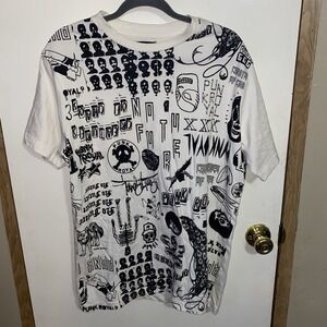 PRX All Over Print Graphic White Tee Skater T-Shirt Y2K Size Large Punk Skull
